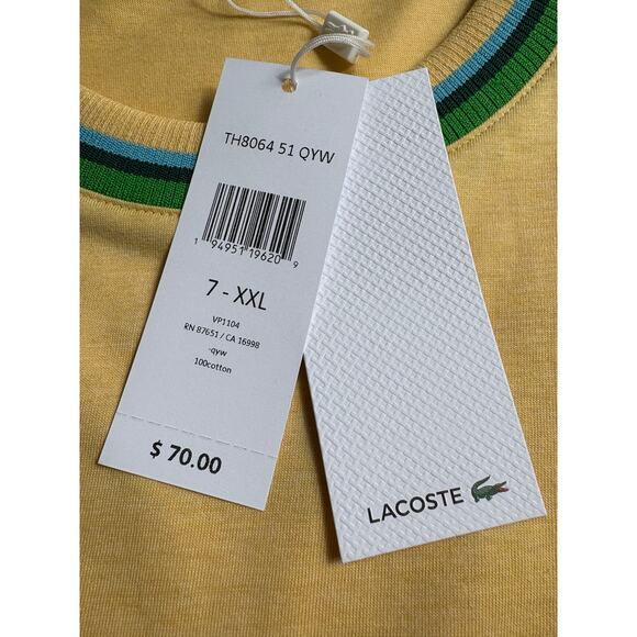 Lacoste Men's Crew Neck Striped Cotton T-Shirt Yellow Size XXL NWT Regular Fit - Picture 5 of 8